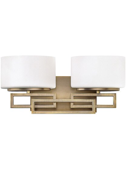 Lanza 2 Light Bath Sconce with Etched Opal Glass Shades in Brushed Bronze.